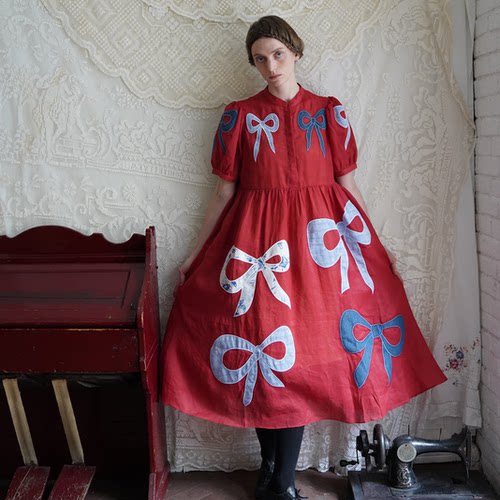 7折【Unlogical Poem】复古文艺苎麻蝴蝶结刺绣立领长款连衣裙