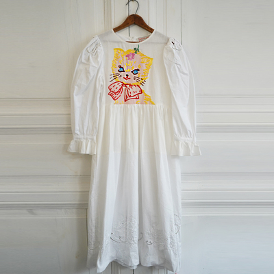 7折【UPcycle再造系列】法式复古猫咪刺绣拼接老布刺绣连衣裙