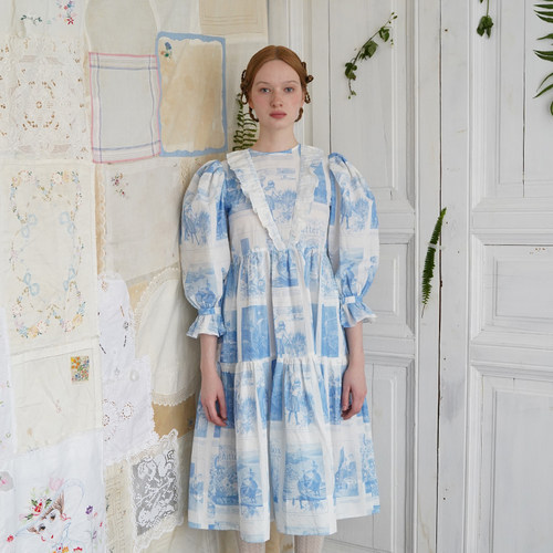 6折【Unlogical Poem】法式复古荷叶花边印花浪漫连衣裙