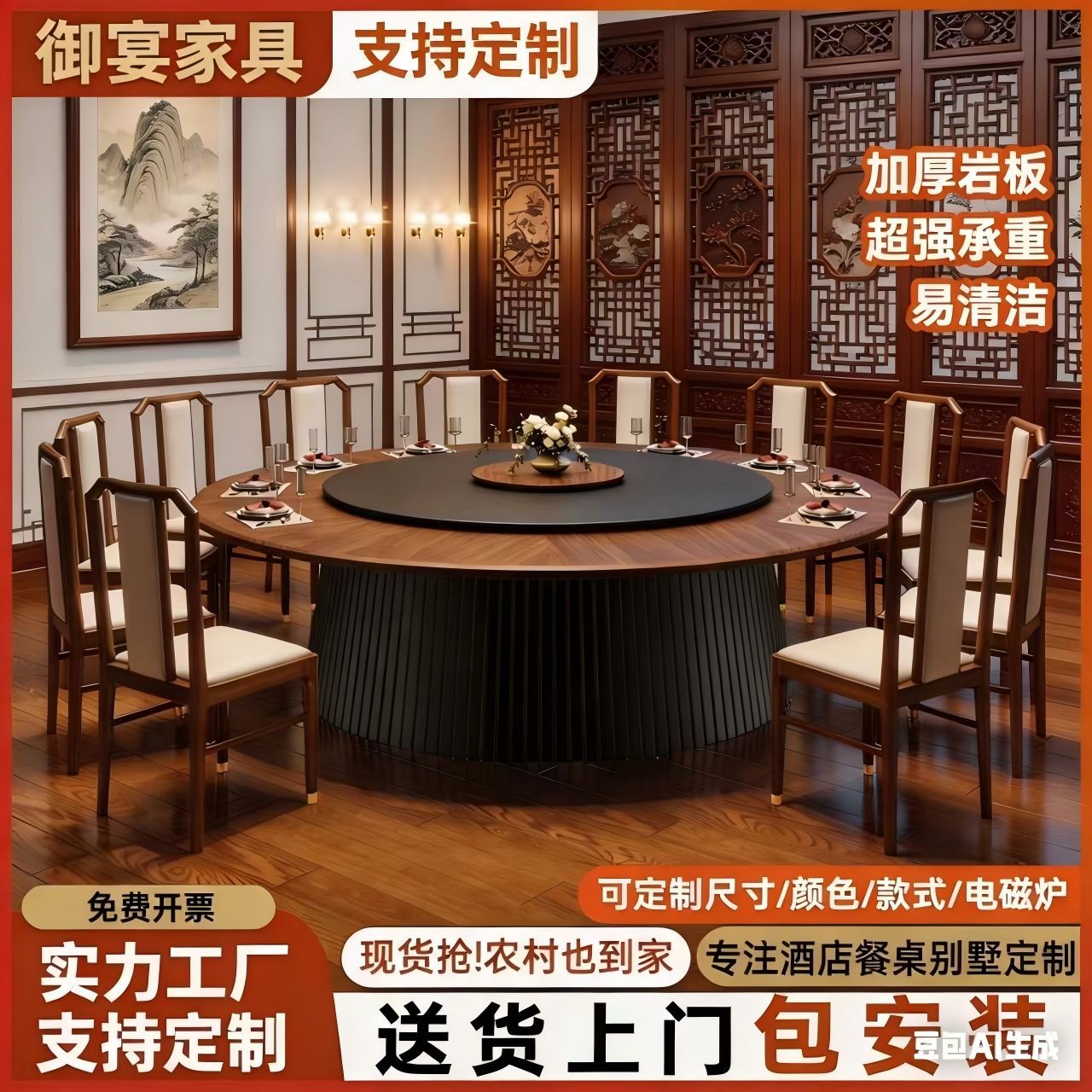 新中式酒店电动餐桌7岩板包厢宴会电磁炉火锅桌别墅餐桌定制餐桌