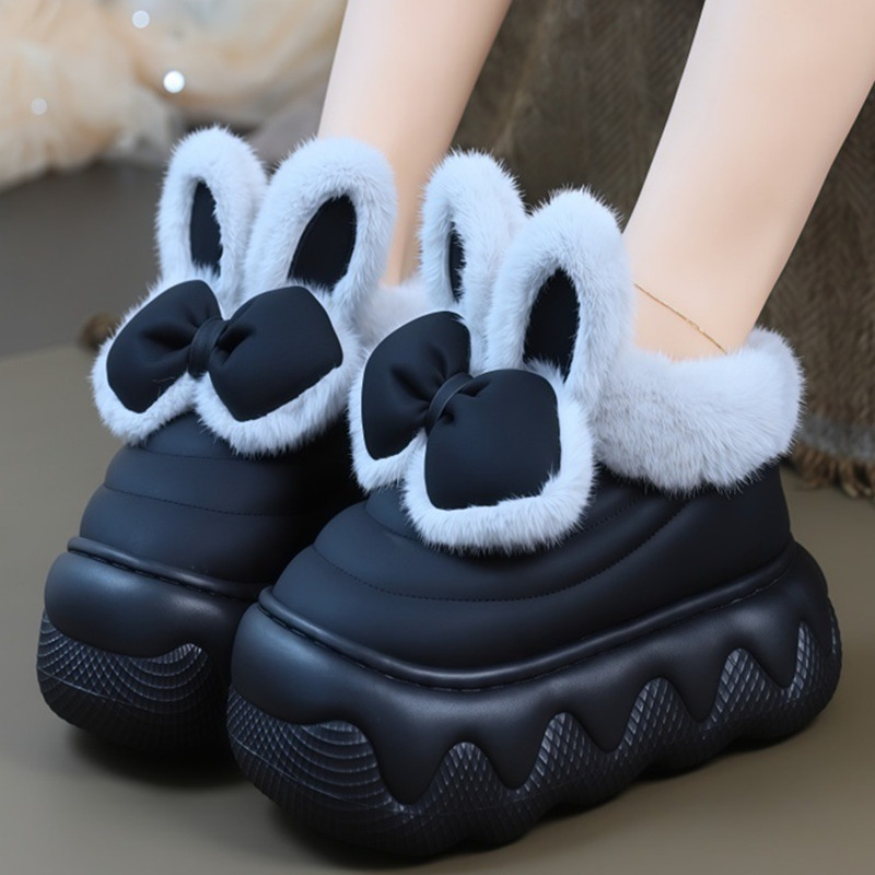 可爱蝴蝶结居家毛绒厚底棉鞋女冬