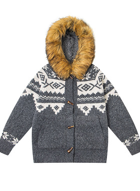 NTBF可拆卸毛领牛角扣费尔岛毛衣外套男女秋季加厚情侣撞色针织衫