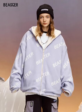 BEASTER鬼脸防风正反双面穿连帽仿羊羔绒厚外套男冬季保暖夹克女