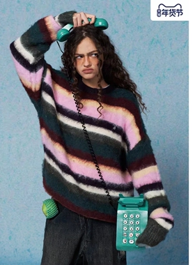 BEASTER条纹撞色针织衫男女2026年春季新款拼接毛绒套头毛衣情侣