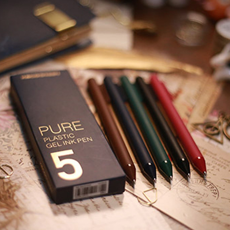 KACO书源复古五色按动式中性笔学生用彩色水笔做笔记手帐用黑笔0.5mm签字ins冷淡风文具套装斑马