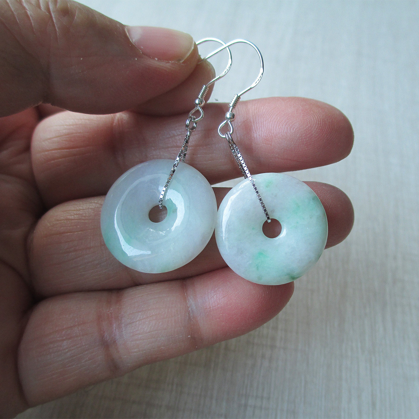 玉雕湾缅甸天然翡翠A货绿飘花平安扣耳环女款纯银耳钩玉石耳坠证