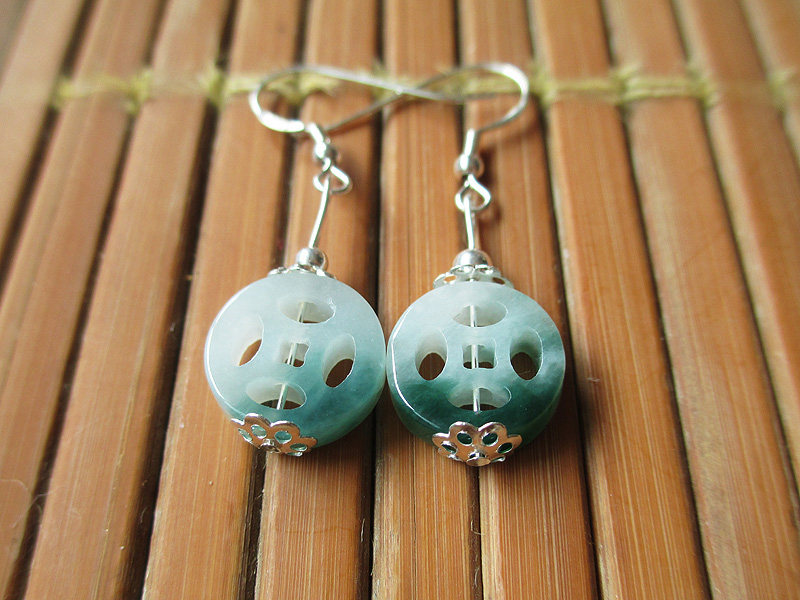 缅甸翡翠耳环A货天然玉石金钱扣发财扣玉坠玉耳坠纯银镶嵌女耳饰