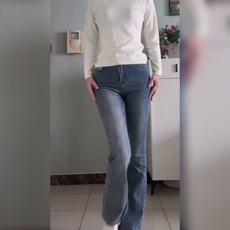 高腰微喇牛仔裤女修身显瘦小个子长裤显腿细百搭复古弹力垂感显高
