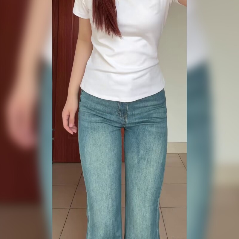 复古微喇牛仔裤女显瘦直筒小个子不贴腿弹力喇叭长裤