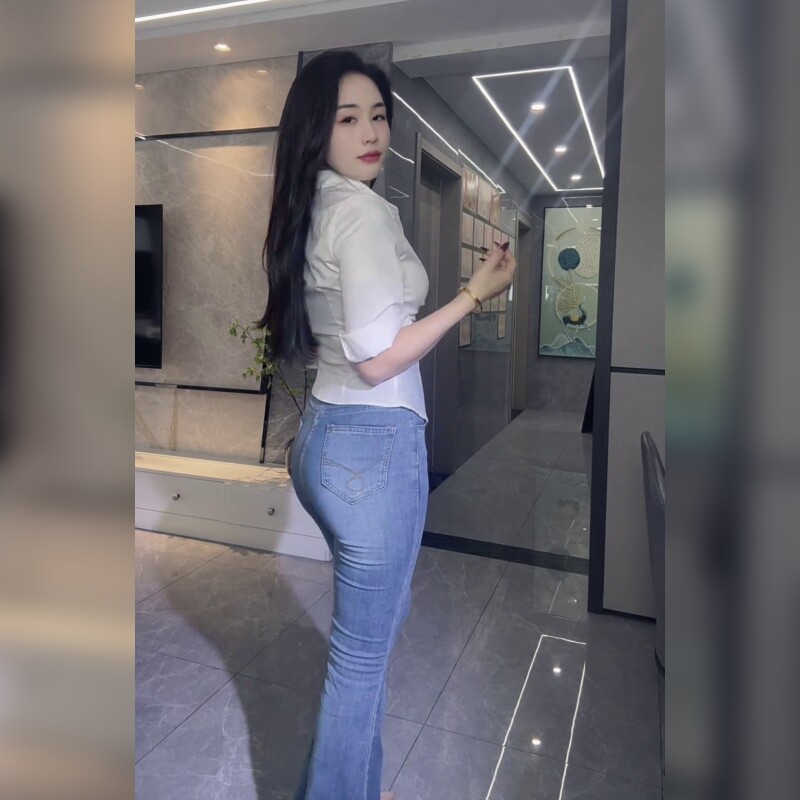 高腰修身牛仔裤女蓝色显瘦提臀微喇长裤小个子显高显瘦弹力裤
