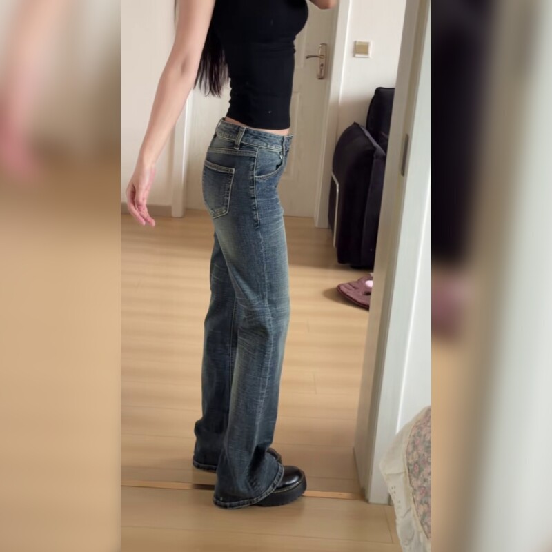 复古低腰阔腿牛仔裤女宽松显瘦垂感百搭直筒长裤