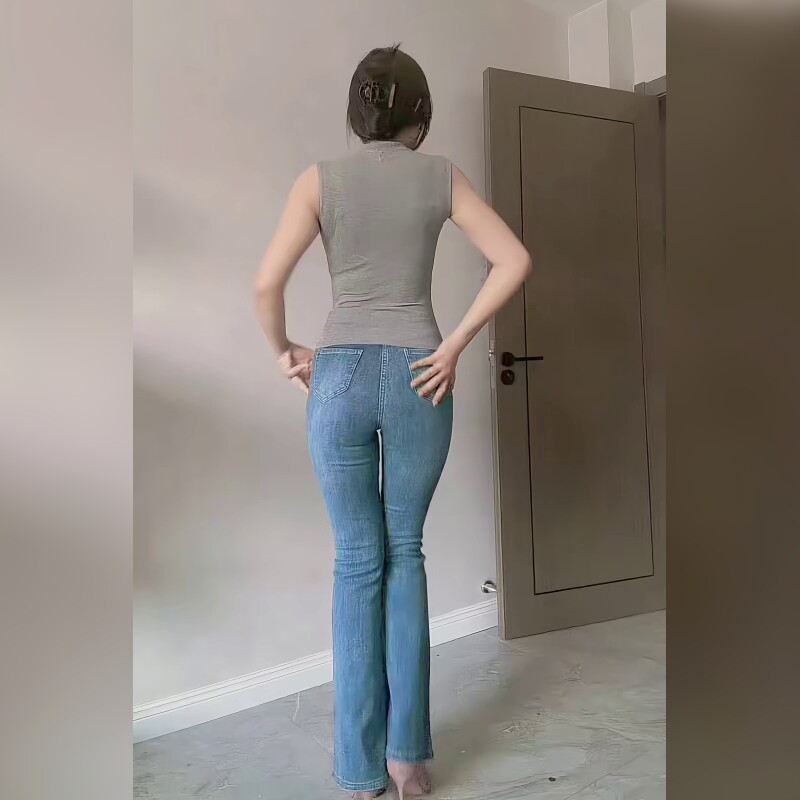 高腰修身微喇牛仔裤女蓝色显瘦长裤百搭小个子