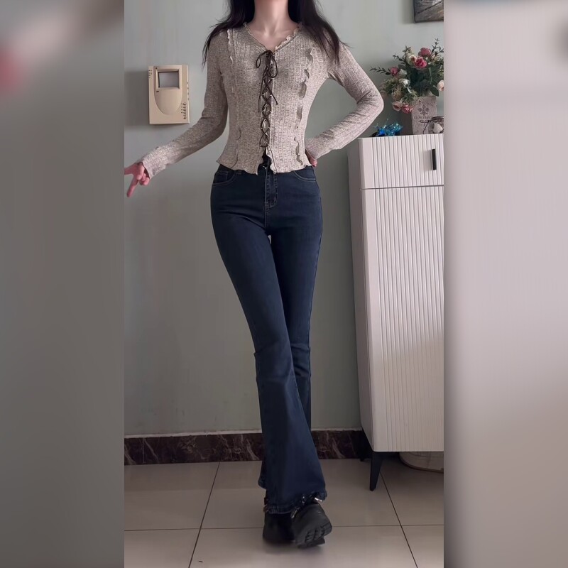 高腰微喇牛仔裤女显瘦修身小个子喇叭长裤蓝色