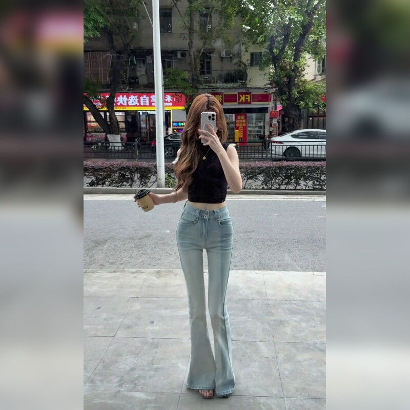 浅蓝色高腰微喇牛仔裤女夏季修身显瘦小个子喇叭裤气质