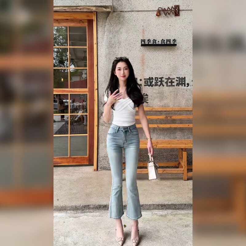 高腰微喇牛仔裤女浅蓝色九分显瘦小个子薄款四面弹喇叭裤