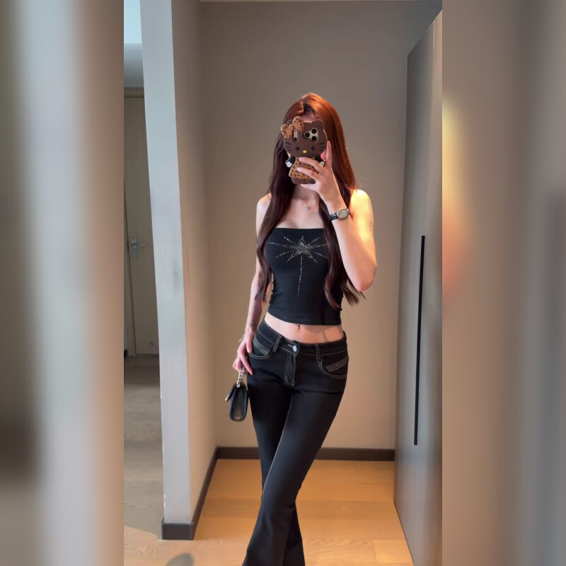 美式辣妹风黑色高腰牛仔裤女修身显瘦微喇叭裤长裤