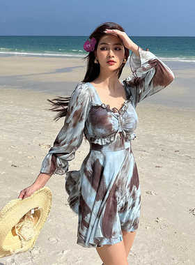 连体泳衣女高级感裙式长袖遮肉显瘦大妈胖mm保守休闲度假温泉泳装