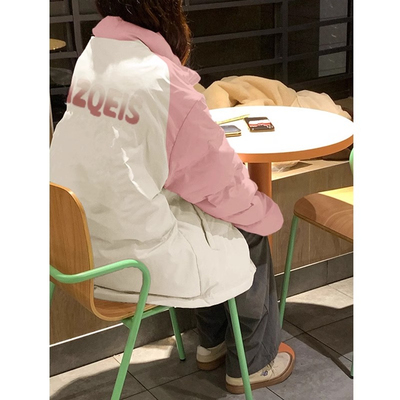 美式复古拼接棉服女冬季