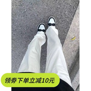 美式白色直筒牛仔裤男春秋季高街ootd穿搭女显瘦休闲微喇长裤子