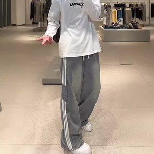 复古黄泥牛仔裤男秋冬季潮牌美式三条杠宽松直筒裤ootd条纹阔腿裤