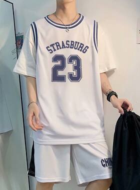 篮球服港风班服男运动套装韩版潮流帅气情侣假两件23号短袖两件套