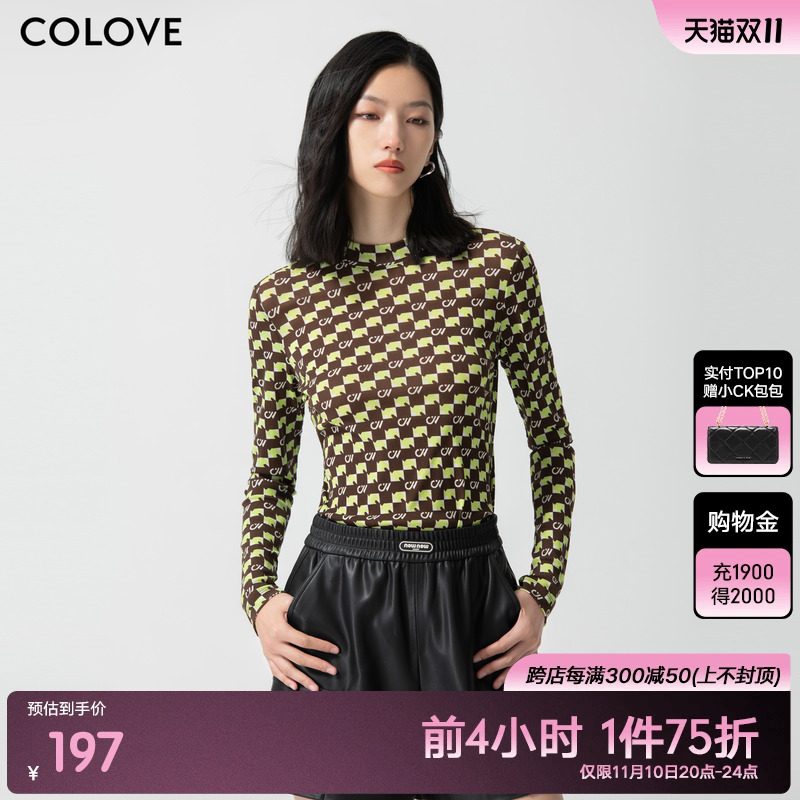 COLOVE卡拉佛格子雪纺衫女冬季新款时尚洋气简约设计感打底衫