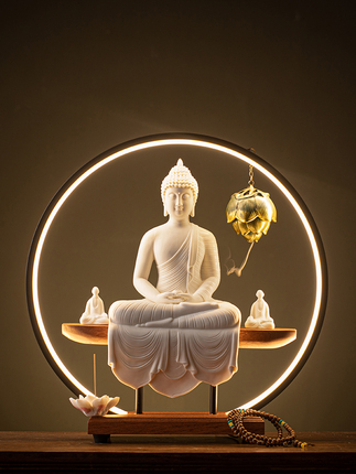 Chinese-Style Ceramic Shakyamuni Buddha Statue for Home Living Room or Office Worship, Shakyamuni Buddha Figurine with Backflow Incense Burner