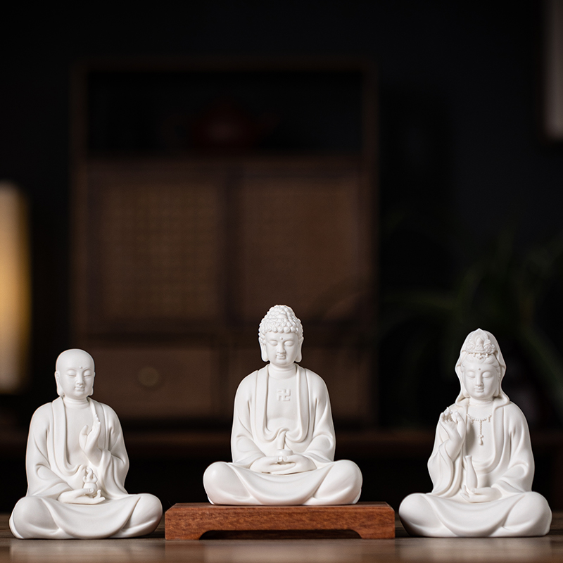 新中式禅意婆娑三圣摆件创意陶瓷观音地藏王释迦摩尼佛桌面装饰品