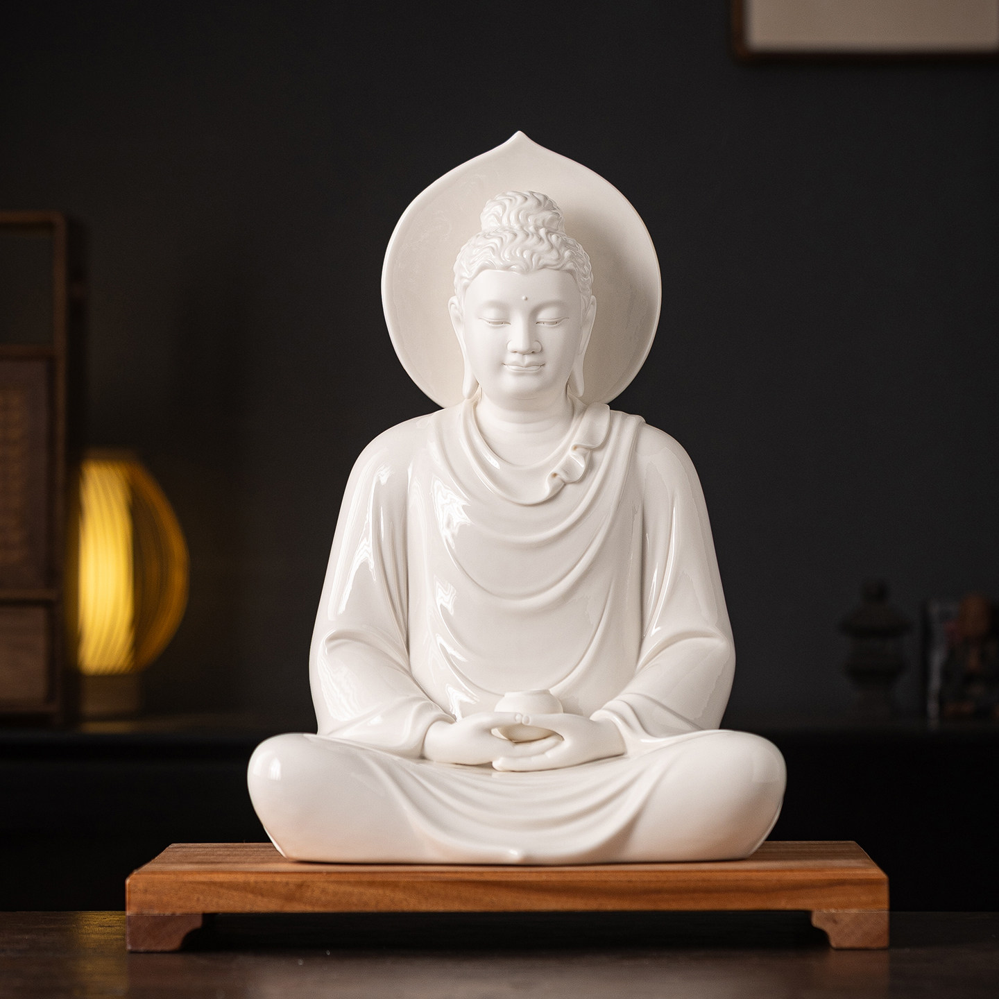 中式德化陶瓷释迦摩尼佛像禅意摆件家居客厅玄关工艺品装饰品摆设