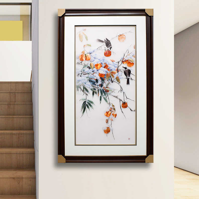 80*130顾氏手工苏绣静物柿子事事如意现代装饰玄关走廊客厅装饰画图片