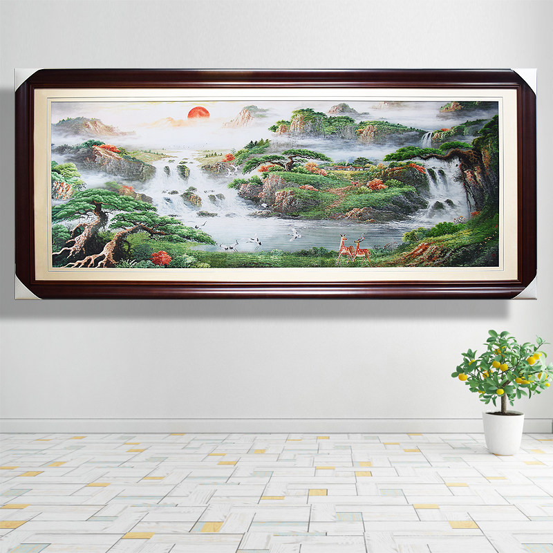 115*245顾氏手工刺绣山水新中式锦绣河山瀑布风景客厅背景装饰画