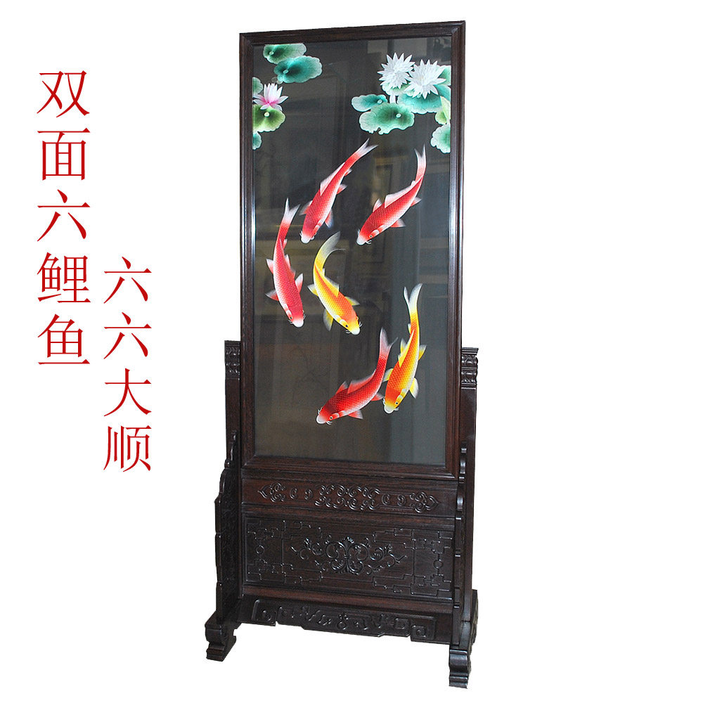 顾氏手工精品苏绣双面绣 落地屏风 荷花鲤鱼 六鱼图 六六大顺