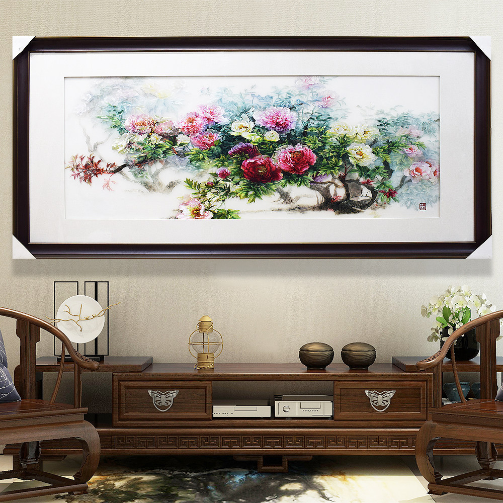 顾氏手工精品苏州刺绣牡丹争艳图 花开富贵 新中式客厅沙发苏绣画