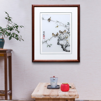 50*60顾氏手工苏绣颜伯龙花鸟 五子登科玄关过道商务乔迁礼品挂画