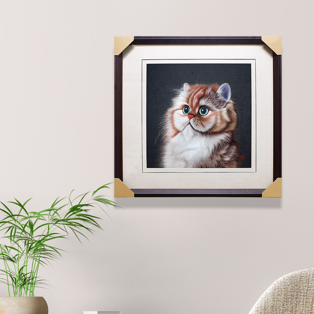 55*55顾氏刺绣猫咪图纯手工可爱小胖猫 宠物猫咪 装饰刺绣挂画