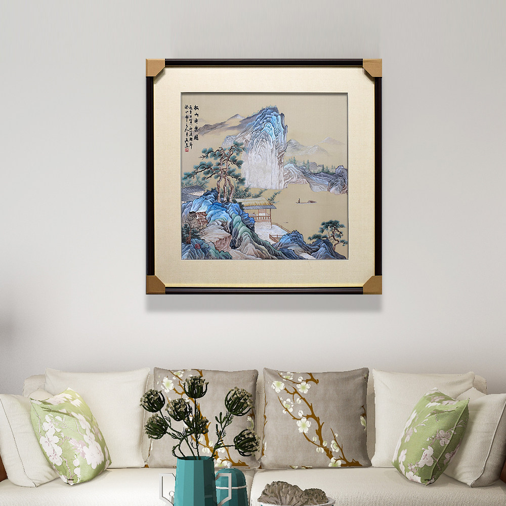 75*75顾氏手工刺绣水墨风景 松山渔乐图 新中式茶室玄关书房挂画