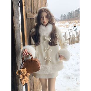 矜贵千金 冬日韩剧氛围感穿搭气质毛毛外套温柔半裙显瘦甜美套装