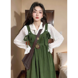 甜美可爱田园风超仙清新小个子套装女显瘦蝴蝶结衬衫背带裙两件套