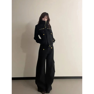 美式复古酷飒套装女秋冬新款高级感黑色立领廓形外套阔腿裤两件套