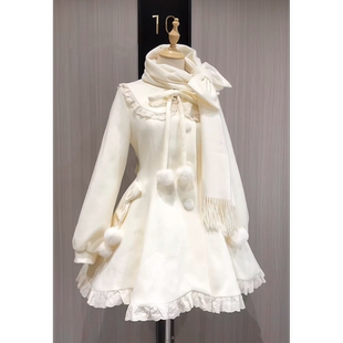 秋冬甜美风小个子系带毛呢连衣裙+蝴蝶结围巾2025秋冬新款套装