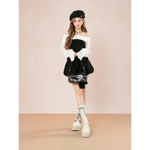韩系学院风假两件一字肩蝴蝶结系带上衣+黑色半身裙甜美纯欲短裙
