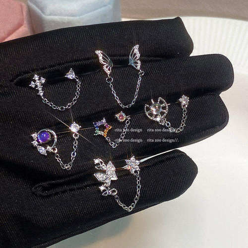 仙仙蝴蝶五角星彩锆双耳洞耳骨钉