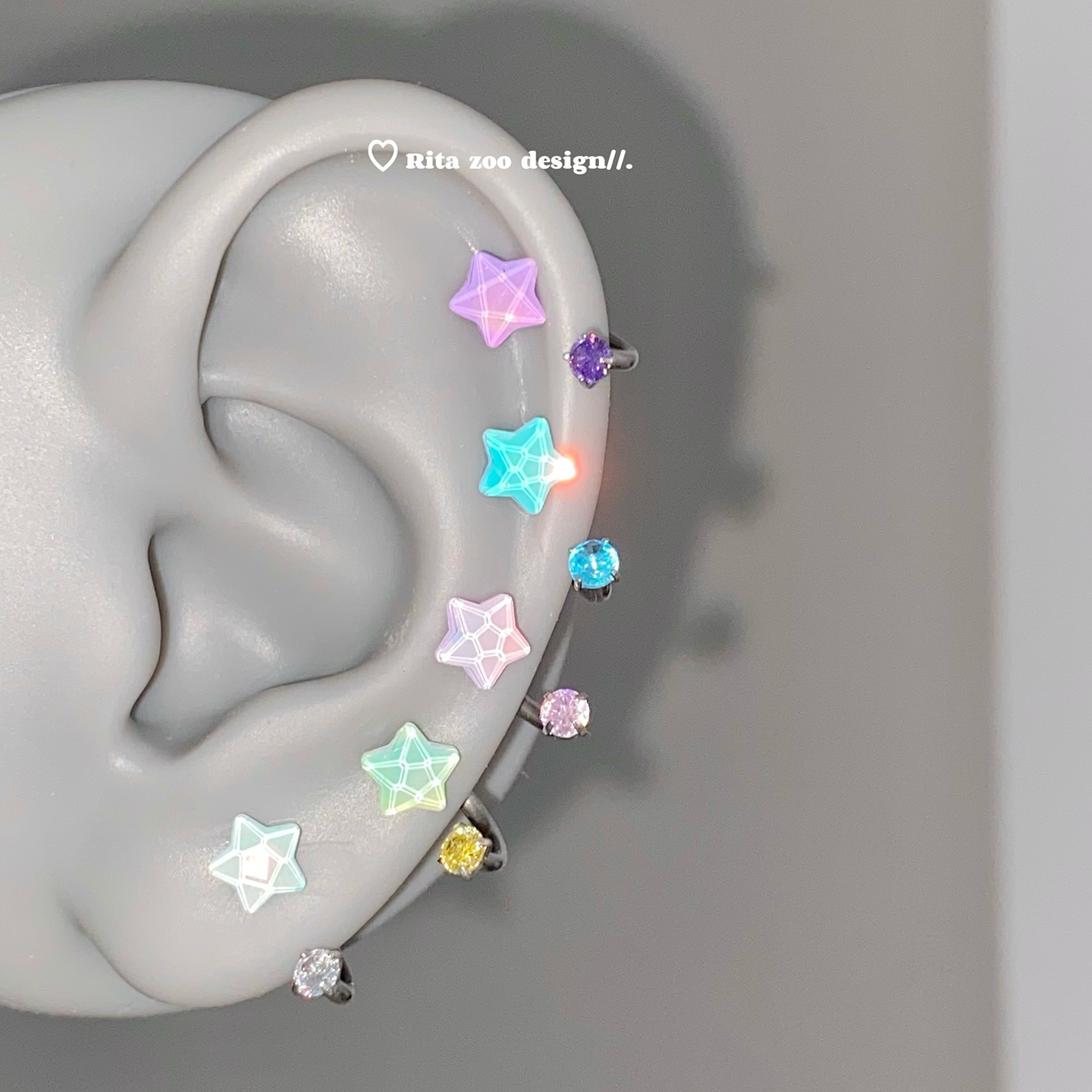 彩色水波纹星星薄荷马蹄环耳环