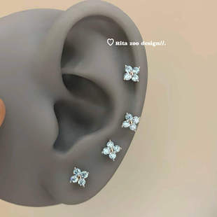 【Rita Zoo】浅海蓝小花花!mini四叶草锆石耳骨钉耳钉养耳免摘