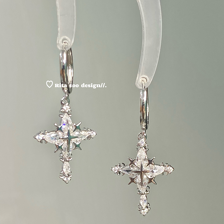 清透雪花十字架锆石耳环耳扣耳圈