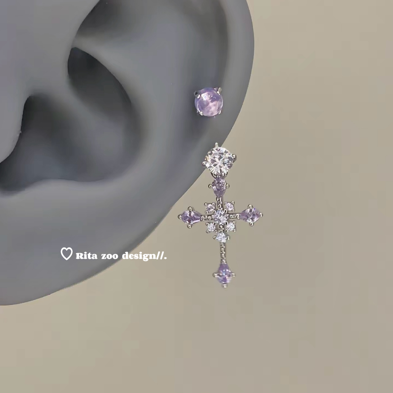 冰透葡萄十字架纯欲马蹄环耳环