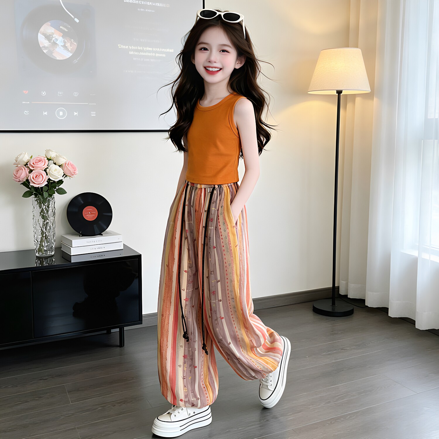 女童夏季薄款条纹阔腿裤两件套