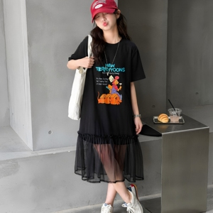 女大童夏季卡通网纱中长连衣裙