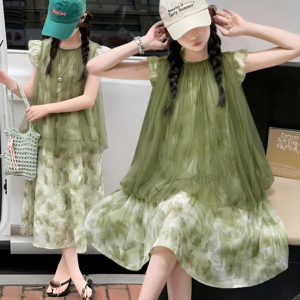 女大童夏季网纱拼接中长连衣裙