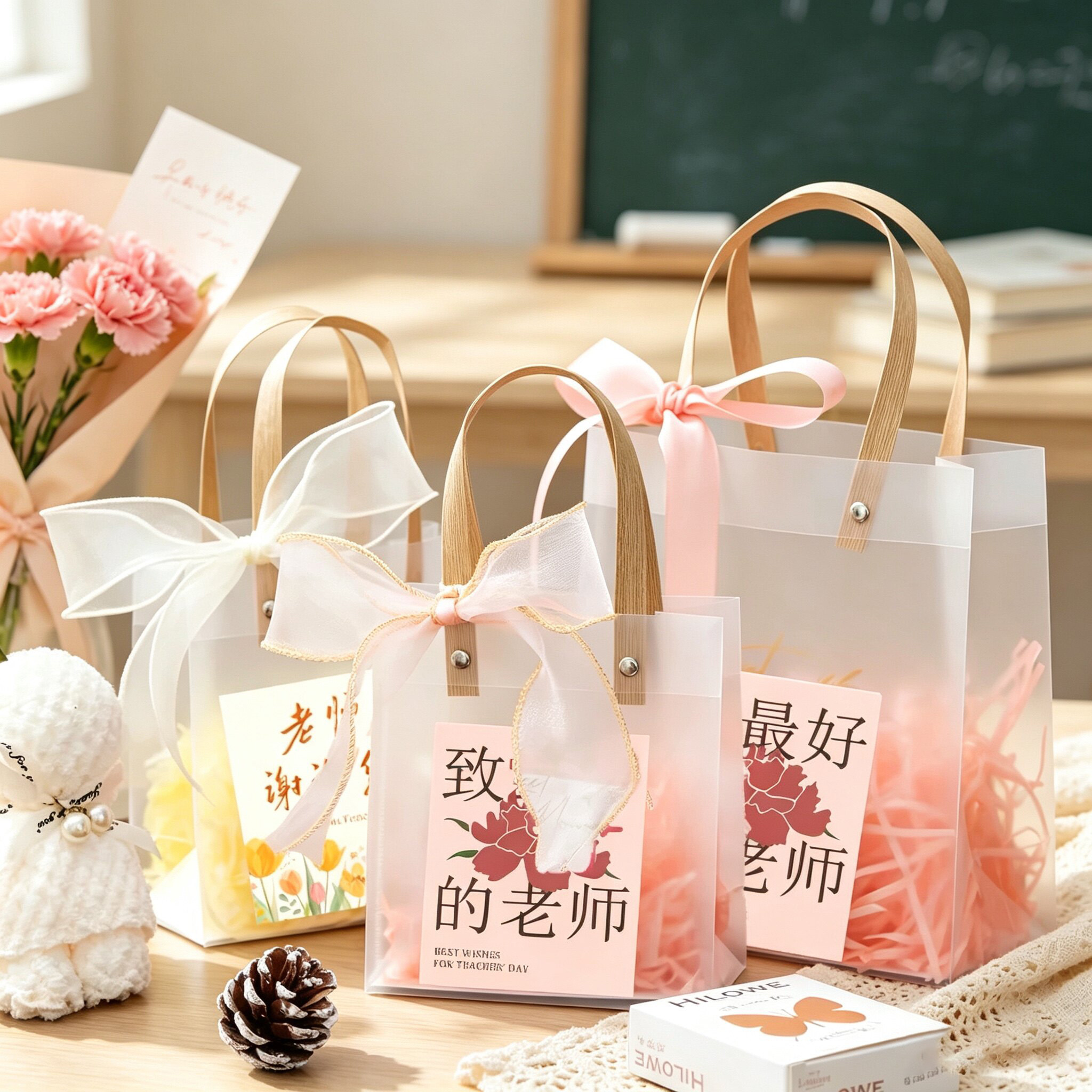 教师节手提礼品袋透明蝴蝶结高级感送老师礼物包装袋感谢伴手礼